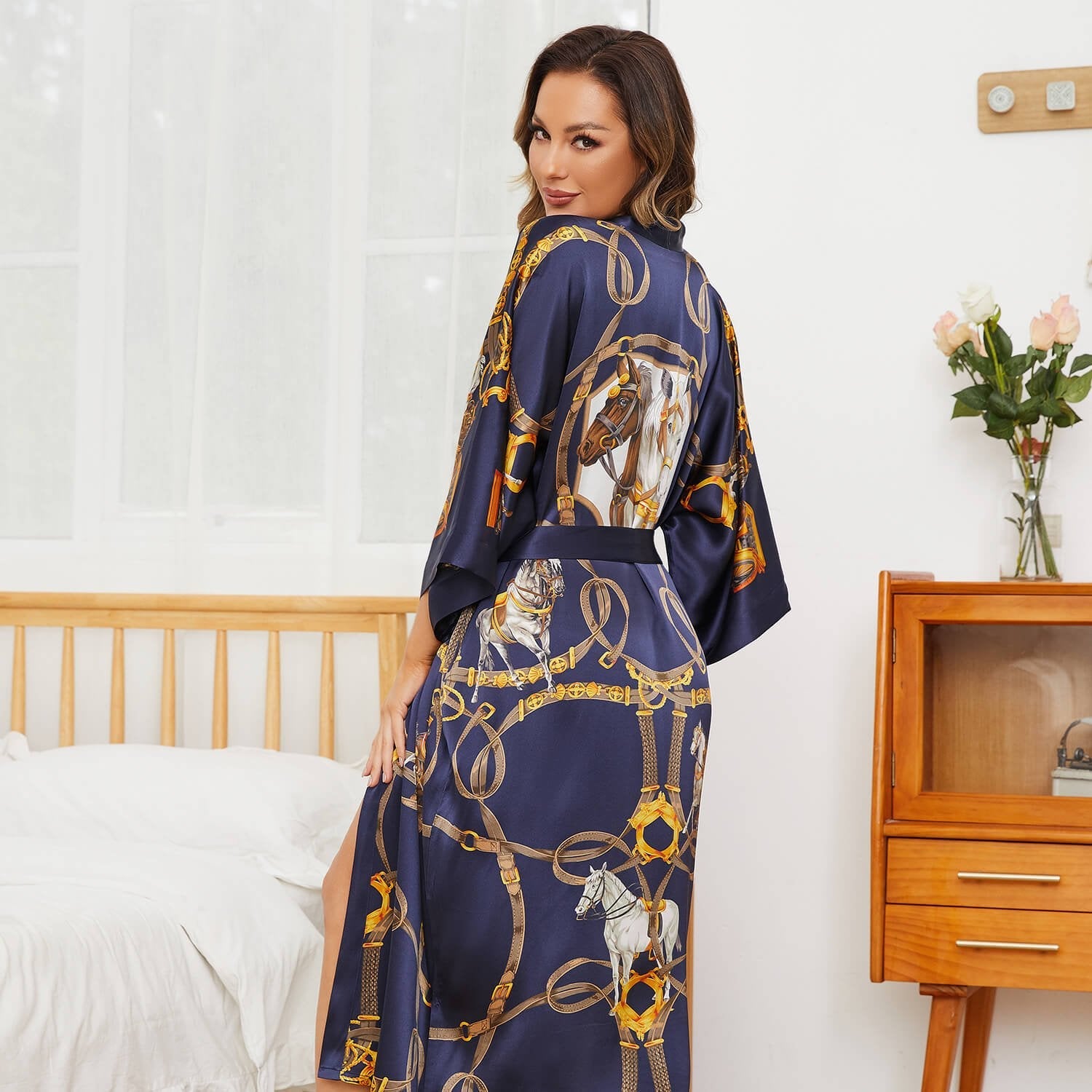 100% Long Mulberry Silk Kimono Robes Handpainted Hourse Luxury Women's Nightwear - slipintosoft