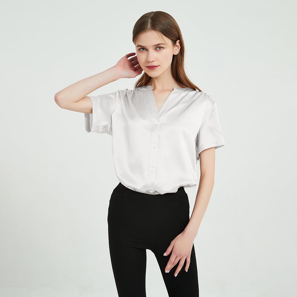 Women Short Sleeve Silk Blouse V Neck Silk Shirts Tops for Women - slipintosoft