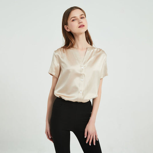 Women Short Sleeve Silk Blouse V Neck Silk Shirts Tops for Women - slipintosoft