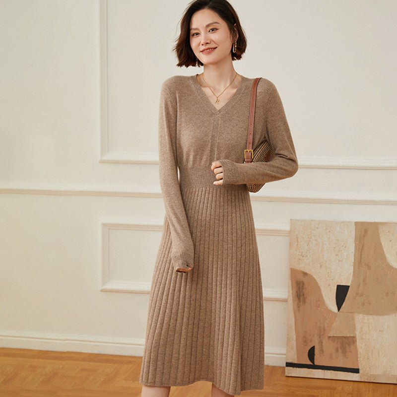 Women's V Neck Cashmere Dresses Knitted A Line Cashmere Dress - slipintosoft