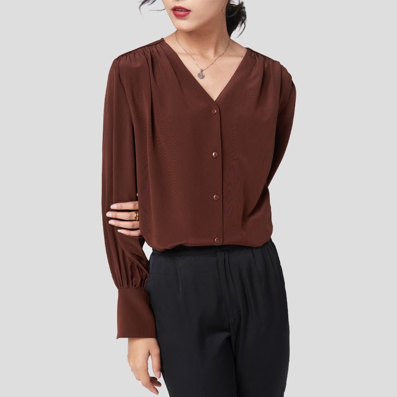 Blusa de seda elegante para mujer Camisa de seda con cuello en V y manga larga