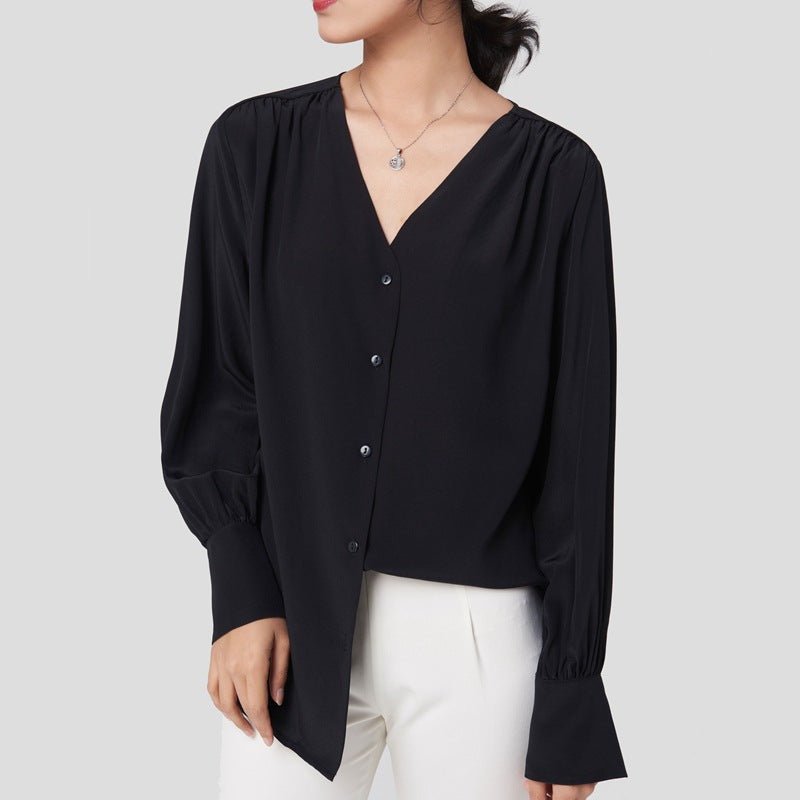 Blusa de seda elegante para mujer Camisa de seda con cuello en V y manga larga