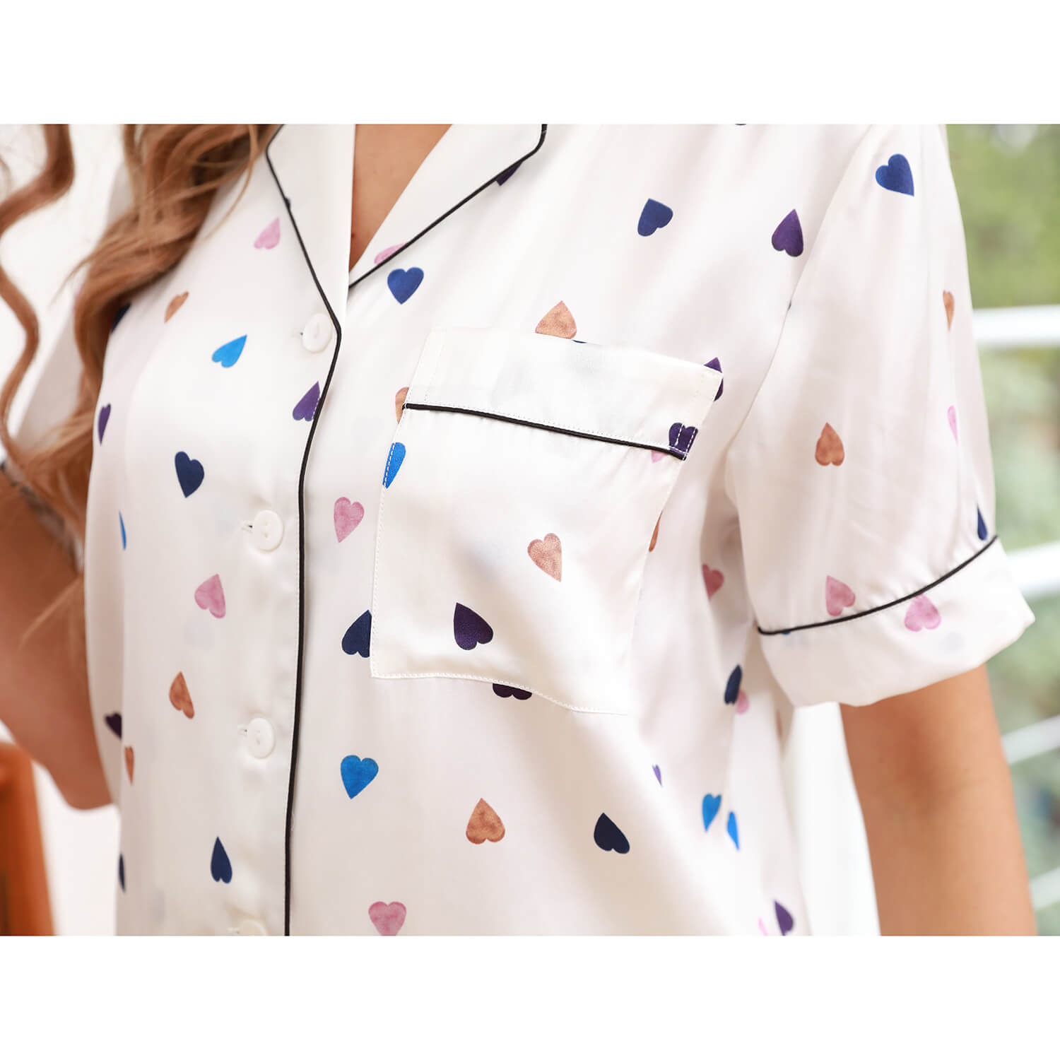 100% Mulberry Silk Pajamas Set Short Heart Print Silk Sleepwear For Women - slipintosoft