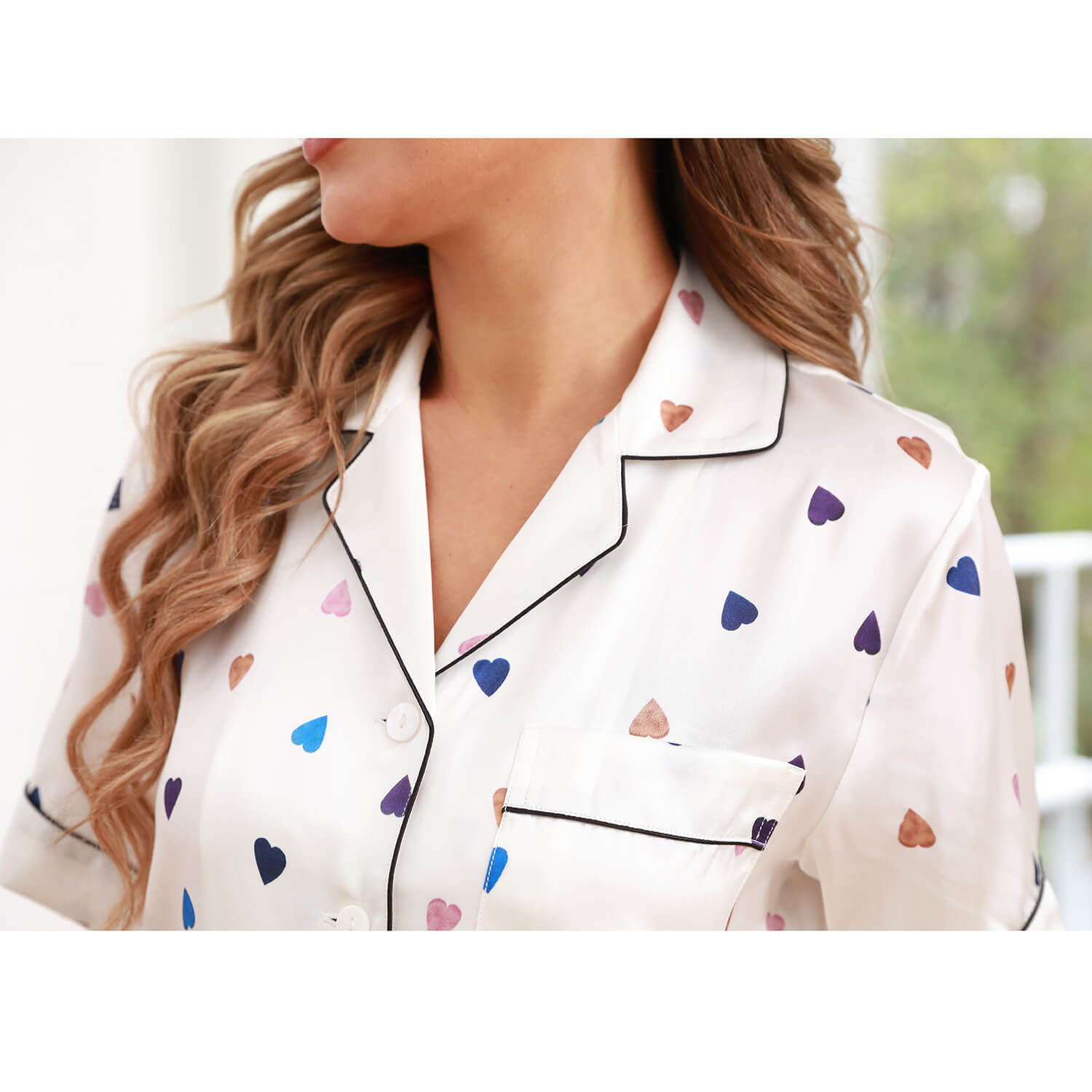 100% Mulberry Silk Pajamas Set Short Heart Print Silk Sleepwear For Women - slipintosoft