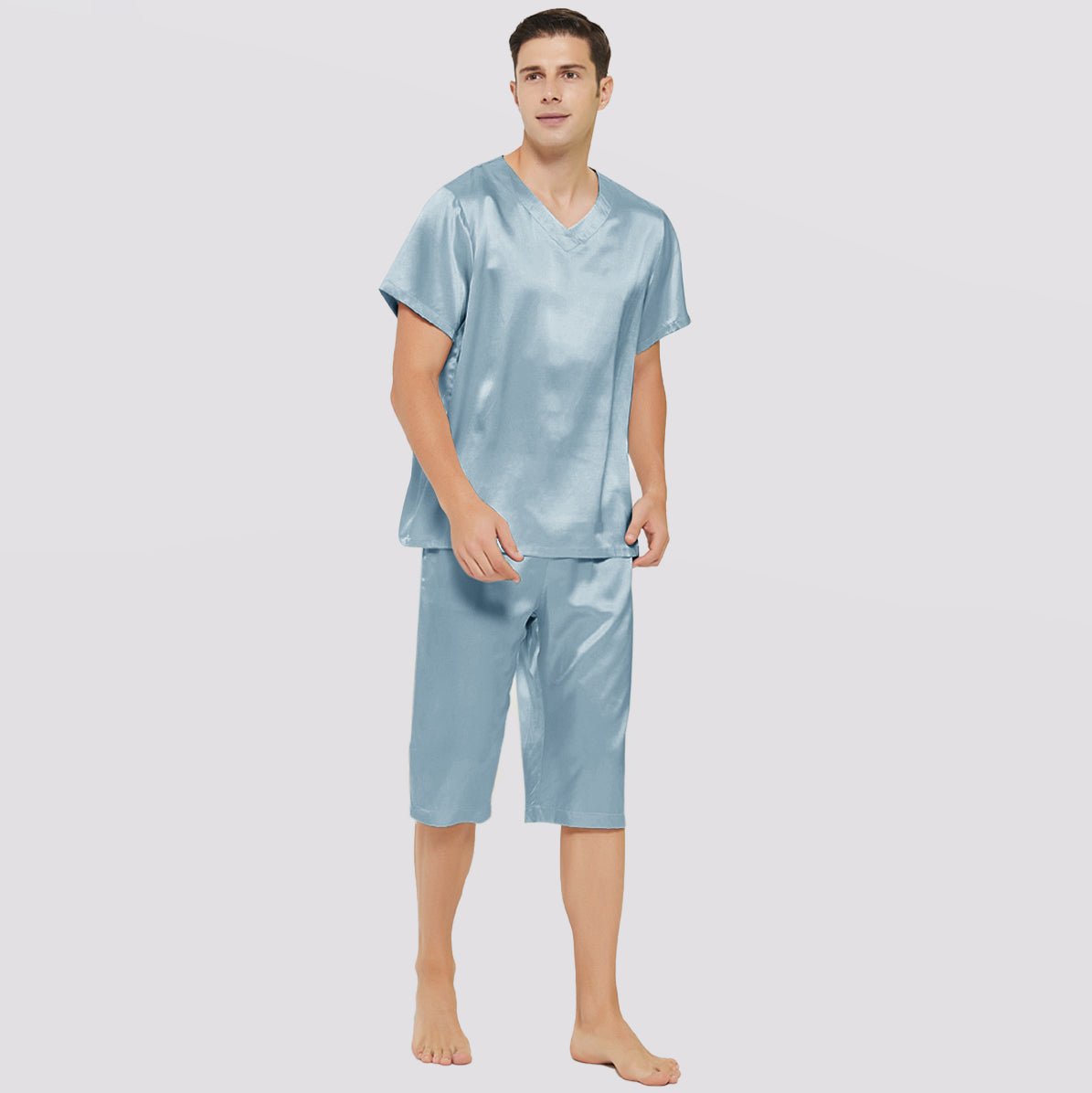 100% Mulberry Silk Short Mens Silk Pajama Set Summer Silk Sleepwear Two-Piece Pajamas Set - slipintosoft