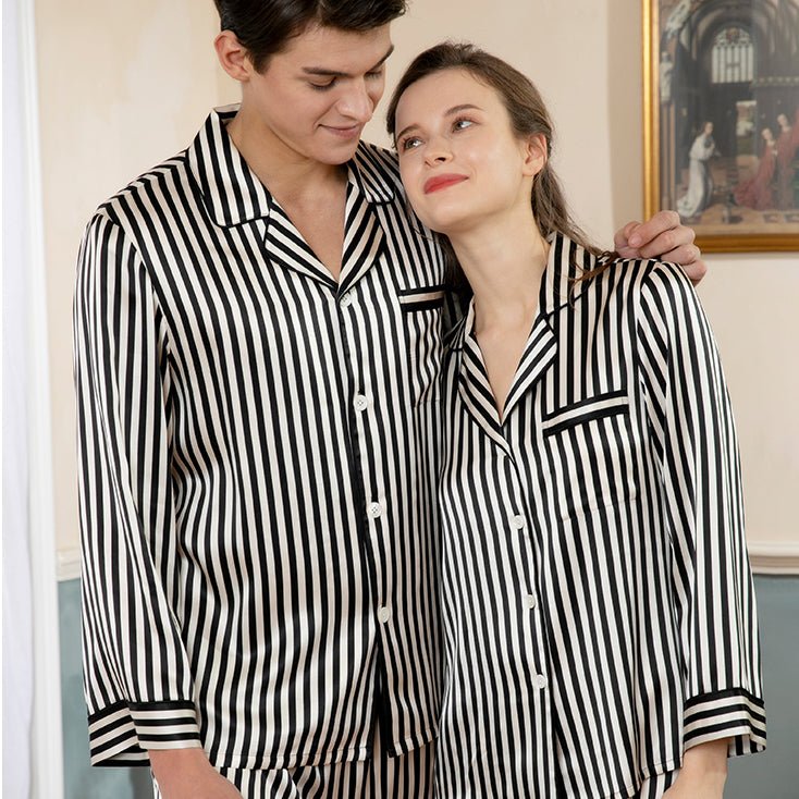 Conjunto de pijama de seda de rayas largas para pareja Pijamas a juego de seda