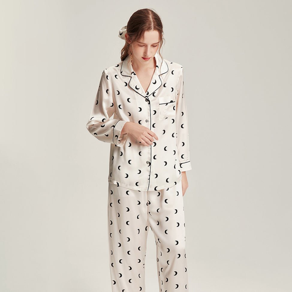 19 Momme Chic Women Silk Pajamas Set Moon Print Ladies Elegant Silk Sleepwear - slipin