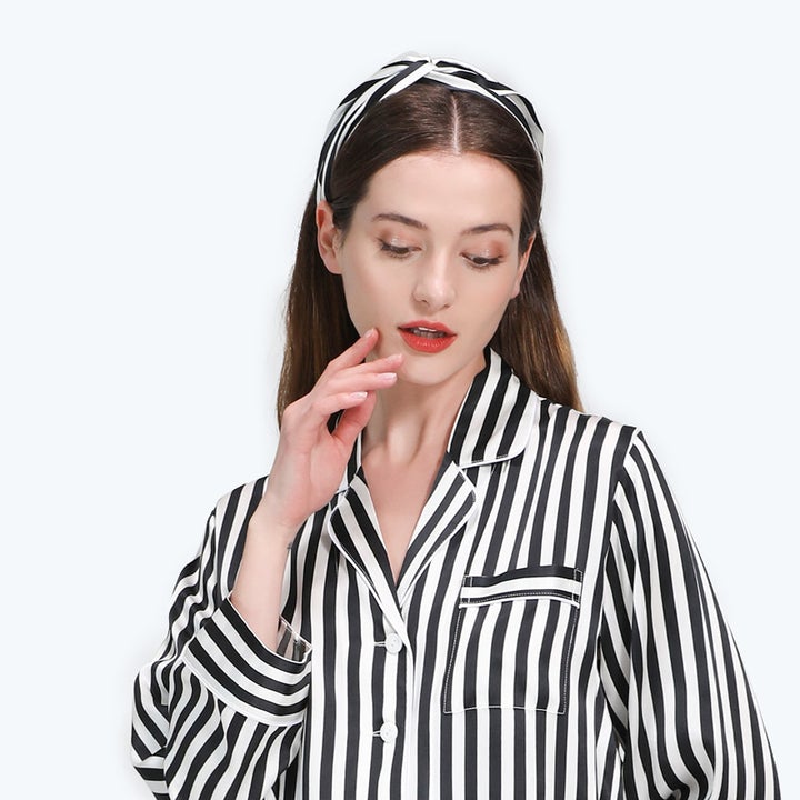 100% Mulberry  Black and white stripes Silk HeadBand For Ladies -  slipintosoft