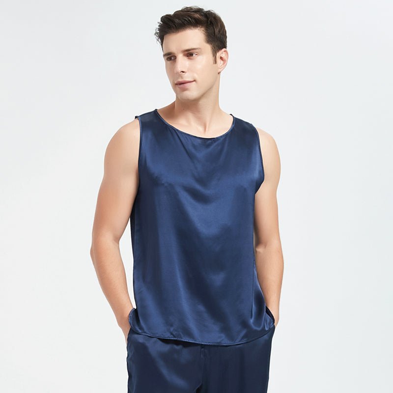 Conjunto de camiseta sin mangas de seda para hombre Conjunto de pijamas de seda sin mangas de verano