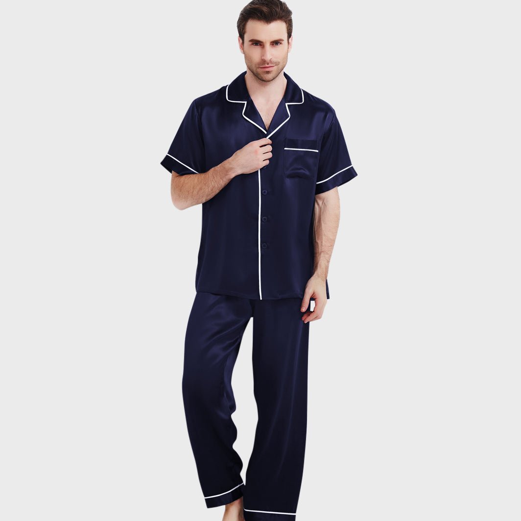 Conjunto de pijamas de seda de lujo para hombre, ropa de dormir de seda de manga corta con 100 pantalones de seda