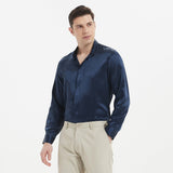 Camisa de seda de 22 momme con cuello alto de lujo para hombre Top de manga larga con botones ocultos de seda 100%