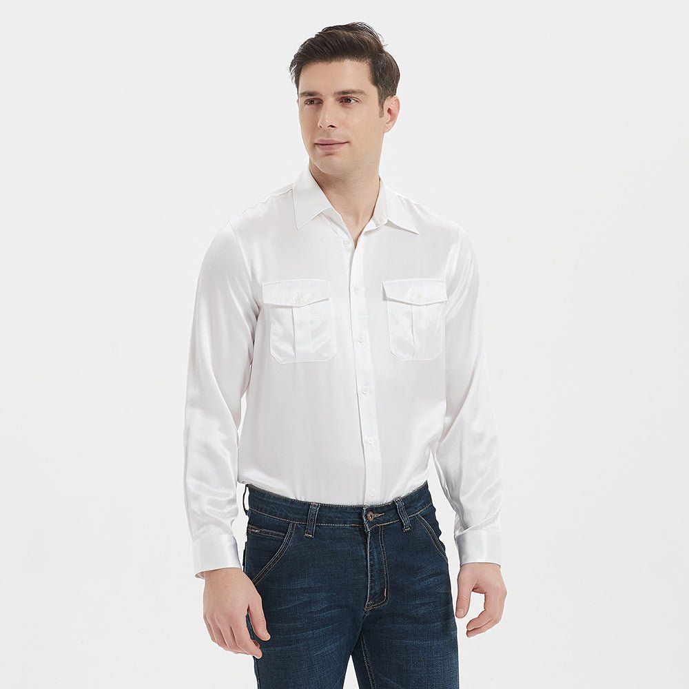 Camisa de seda para hombre Top de manga larga 100% seda con dos bolsillos de parche