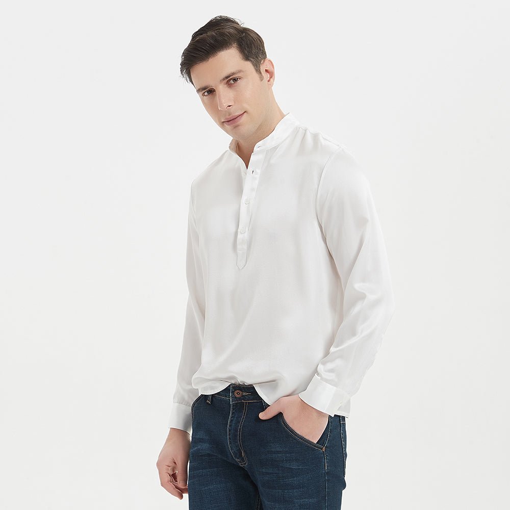 22 Momme Jersey de seda de lujo para hombre, camisa 100% de seda pura de manga larga, Top con cuello levantado y cuatro botones