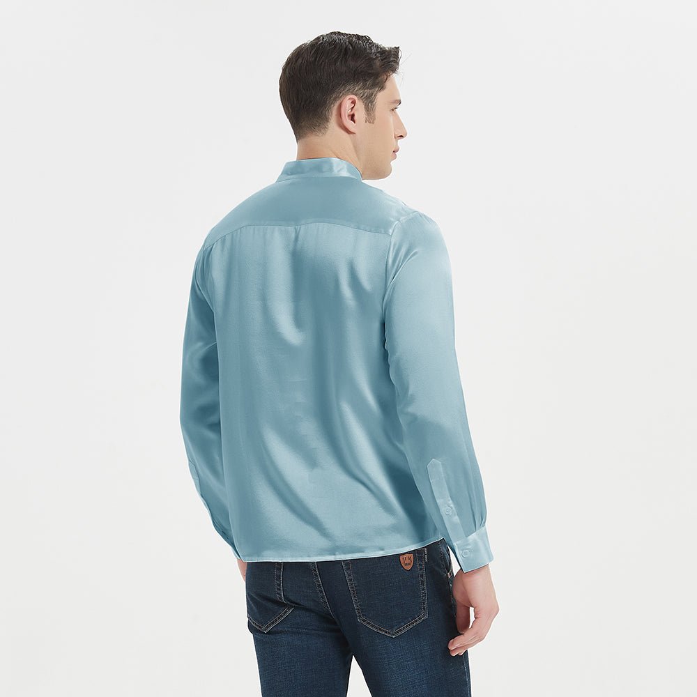 22 Momme Jersey de seda de lujo para hombre, camisa 100% de seda pura de manga larga, Top con cuello levantado y cuatro botones