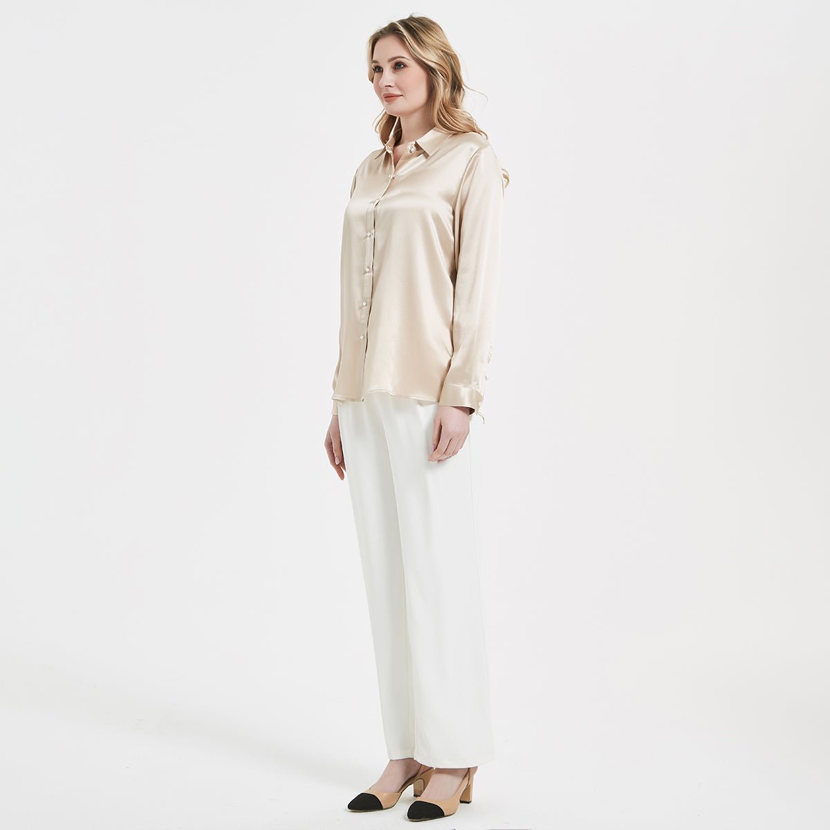 Blusa de seda con hebilla de perla para mujer elegante camisa de manga larga de seda de morera 100%