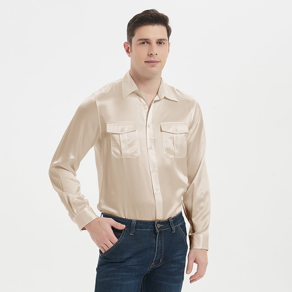 Camisa de seda para hombre Top de manga larga 100% seda con dos bolsillos de parche