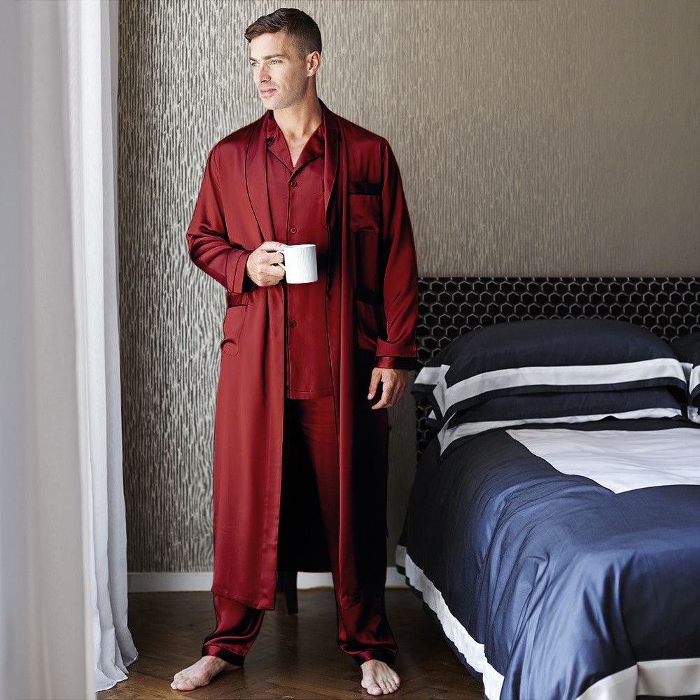 Conjunto de pijama y bata de seda larga para hombre Conjunto de pijama de bata de seda de longitud completa para hombre