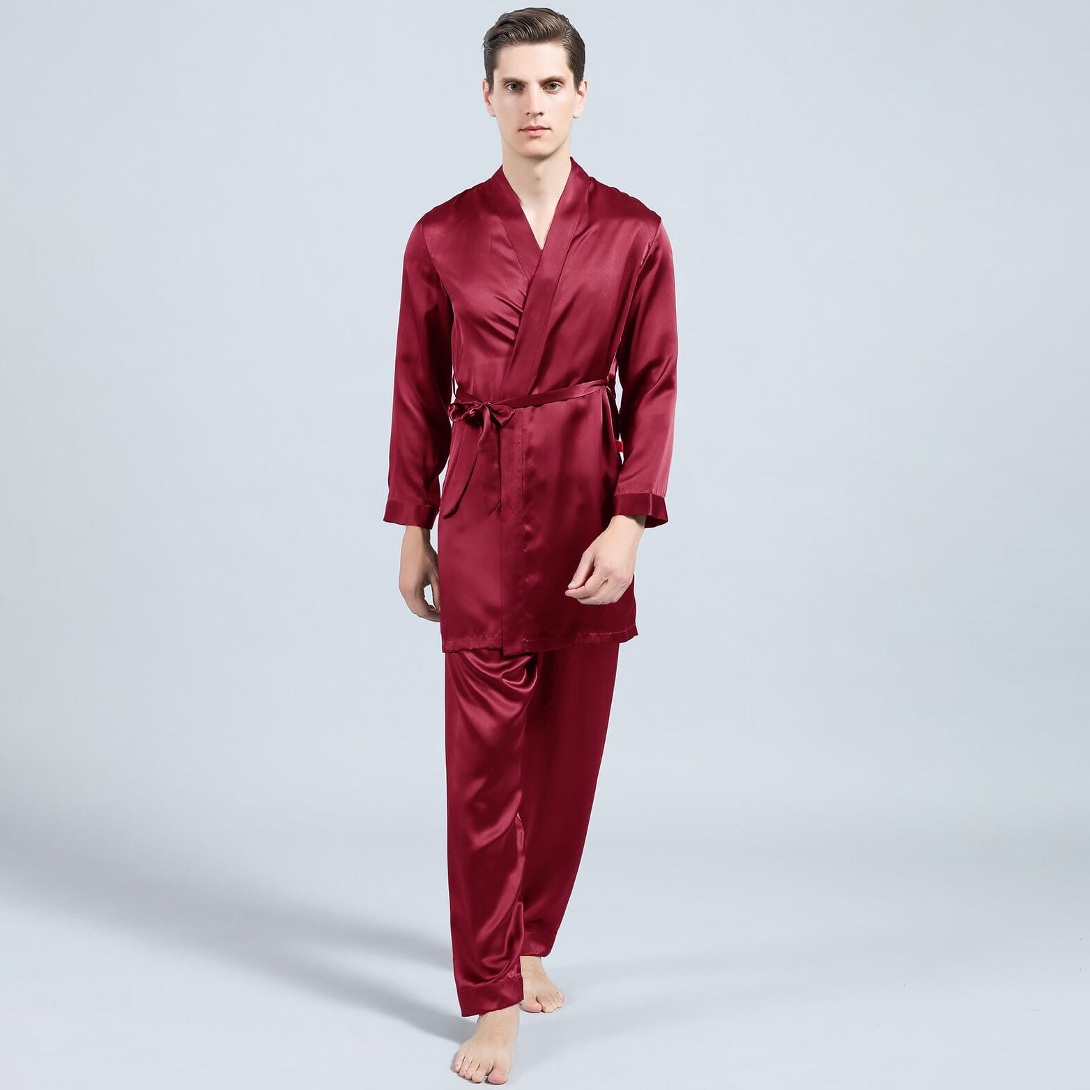 Conjunto de pijama de seda para hombre de manga larga de 22 mm Conjunto de bata y pantalón de 2 piezas PJS de seda de morera 100%