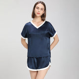 Conjunto de pijama de seda de manga corta de color de contraste para mujer Ropa de dormir de seda corta
