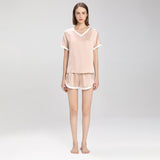 Contrast Color Short Sleeved Silk Pajama Set for Women Short Silk Sleepwear - slipintosoft