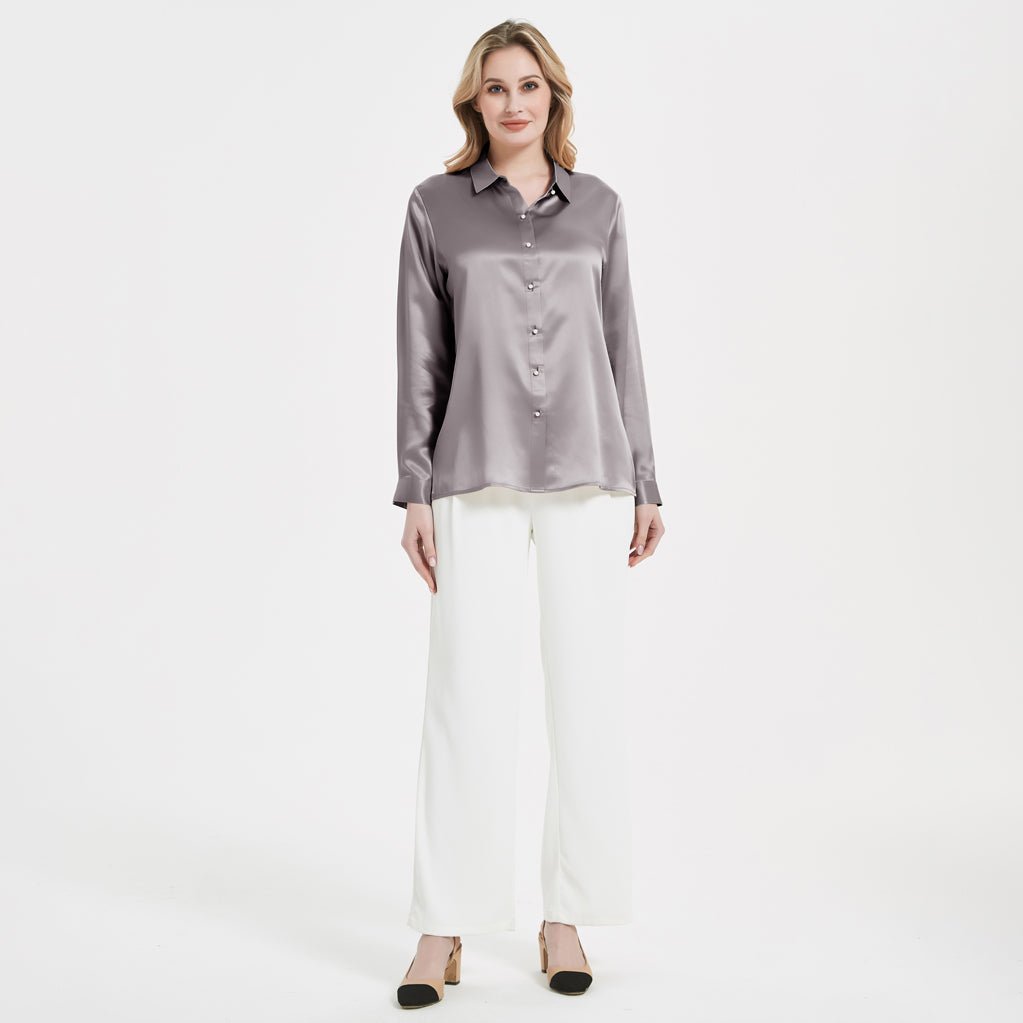 Blusa de seda con hebilla de perla para mujer elegante camisa de manga larga de seda de morera 100%