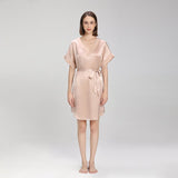 Elegant V Neck Silk Nightgown with belt Women Short Sleeves Luxury Nightwear Silk Dress - slipintosoft
