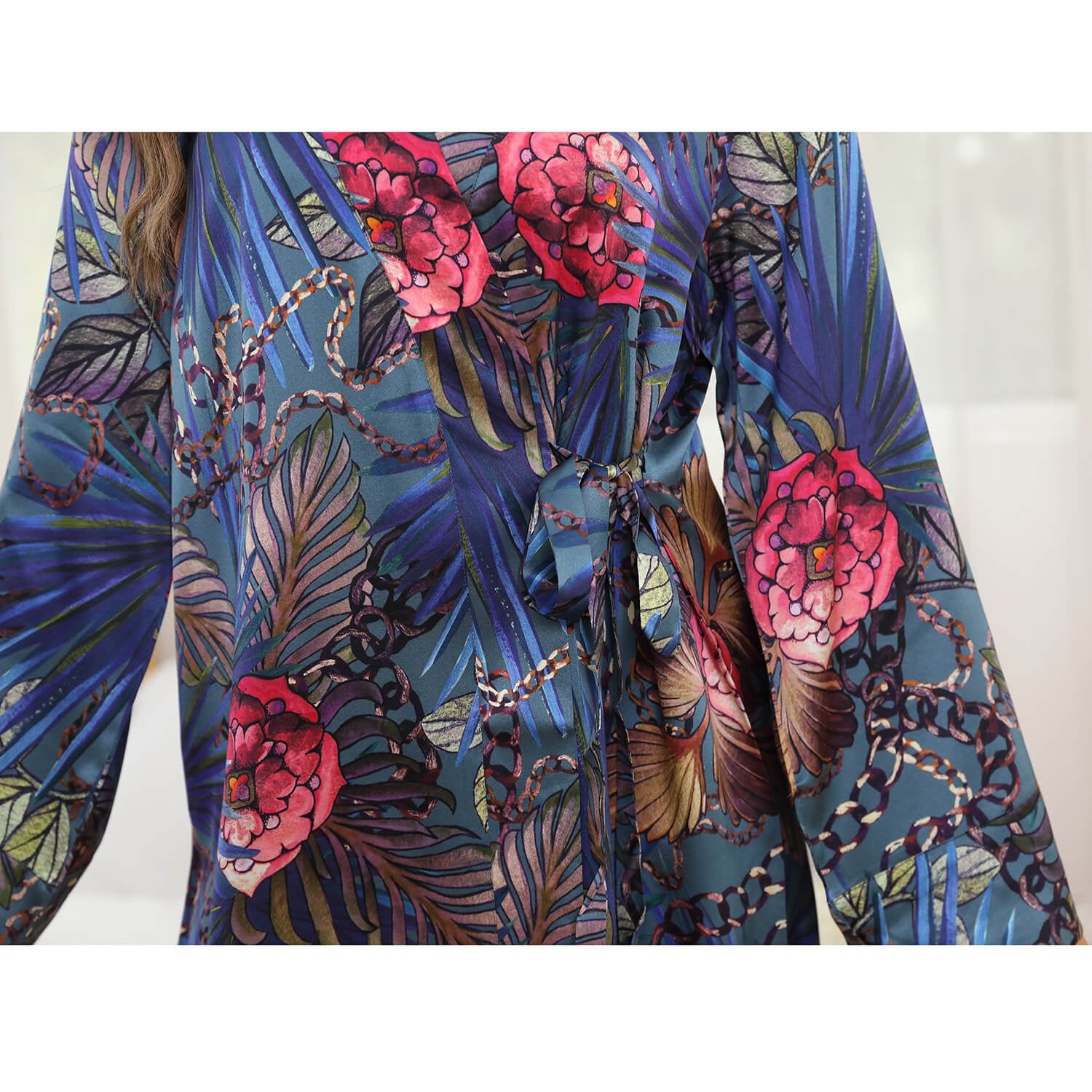 Ladies' Long Silk Kimono Robe with Belt for Bridals Prints Silk Robe - slipintosoft