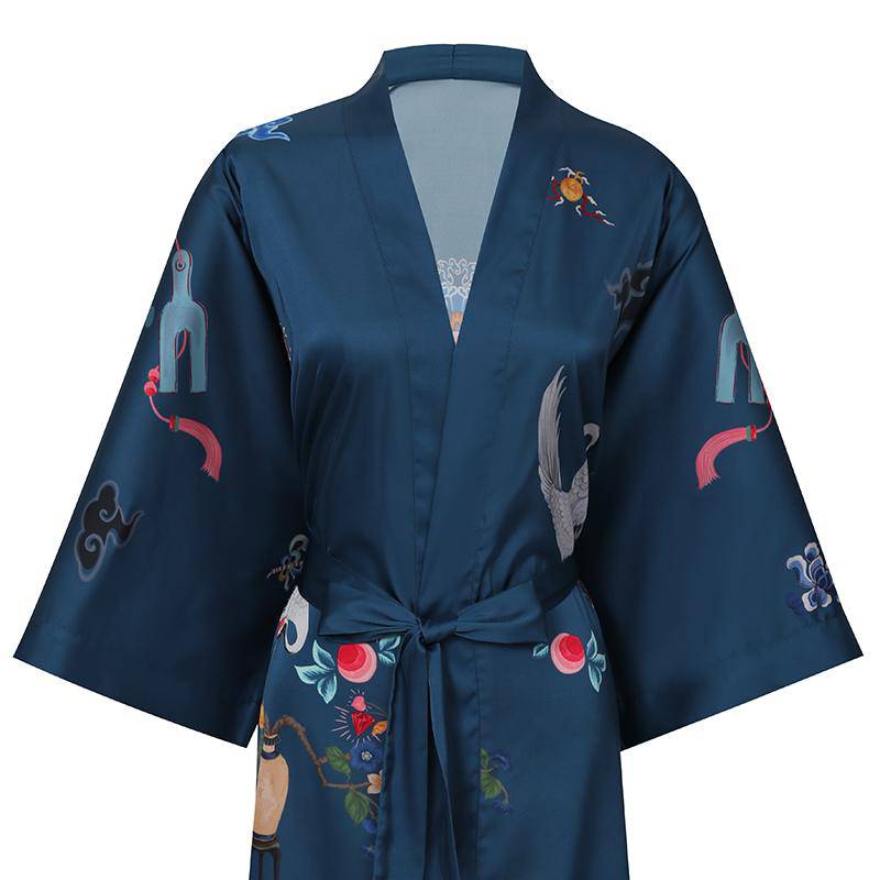 Ladies Short 100% Silk Kimono Robe Crane Printing Women Nightwear Spa Bathrobe - slipintosoft