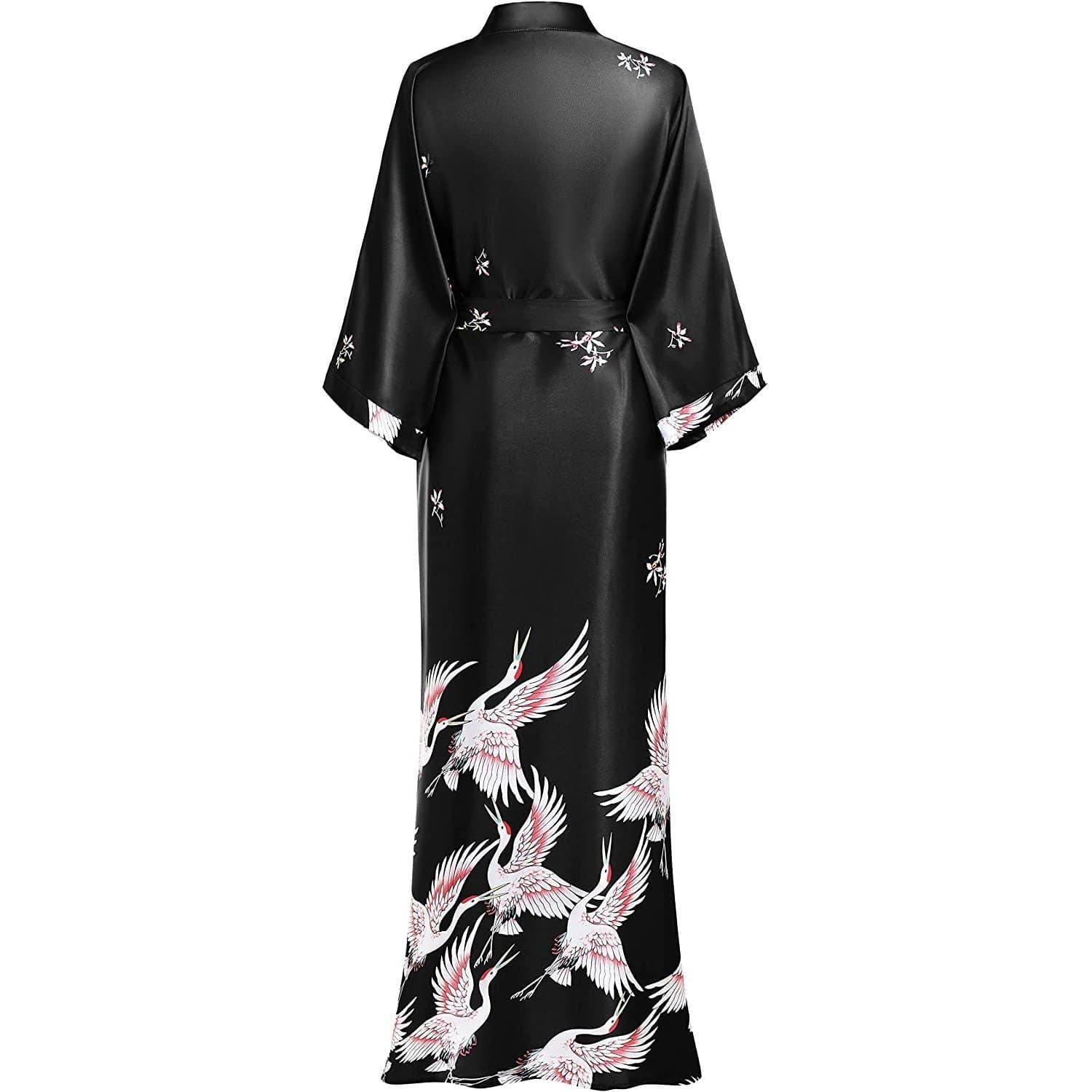 Long Silk Kimono Robe with Belt Crane Prints Women's Silk Robe - slipintosoft