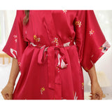 Long Silk Kimono Robe with Belt Crane Prints Women's Silk Robe - slipintosoft