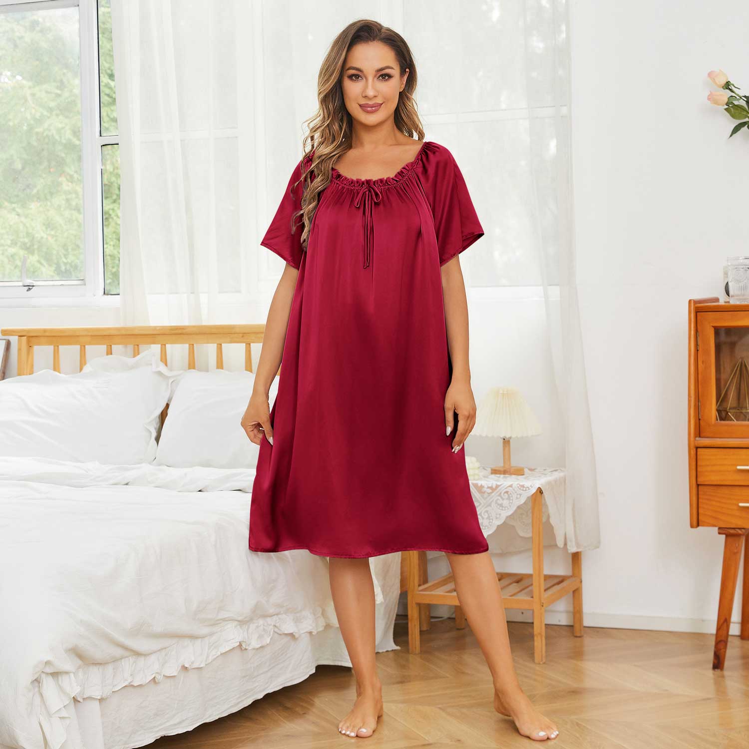 Loose Silk Nightgown for Womens Short Sleeve Silk Sleep Dress - slipintosoft