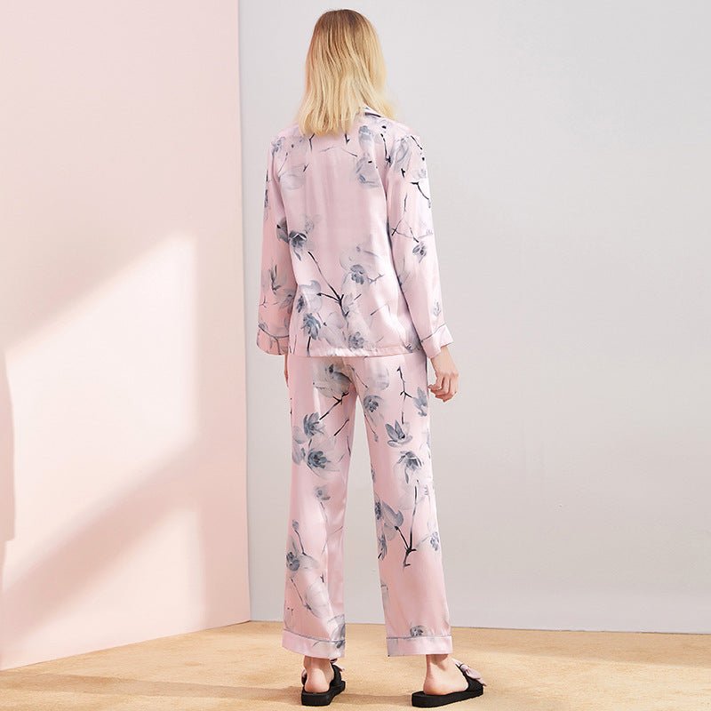 Pink Grey Floral Printed 2-Piece Long Sleeve Silk Pajamas Set - slipintosoft