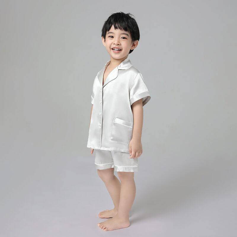 Conjunto de pijamas de seda cortos para niños, conjunto de ropa de dormir  de seda con pantalones cortos clásicos, ropa de dormir de lujo para niños