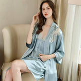 Blue Silk Nightgown and Robe Set Romantic Lace French Triangle Cup Nightdress with Adjustable Straps -  slipintosoft