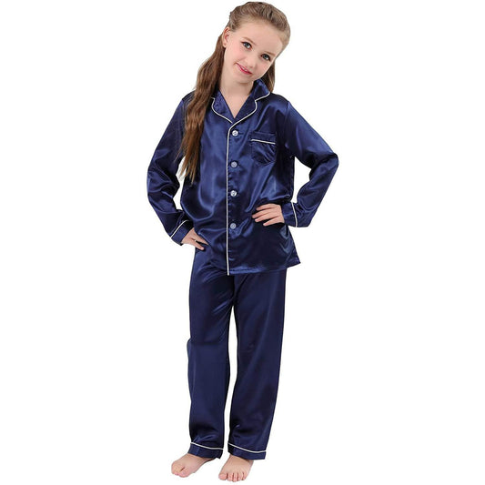 Conjunto de pijamas de seda para niña, pijama de seda para niños, ropa de dormir de seda con botones de manga larga
