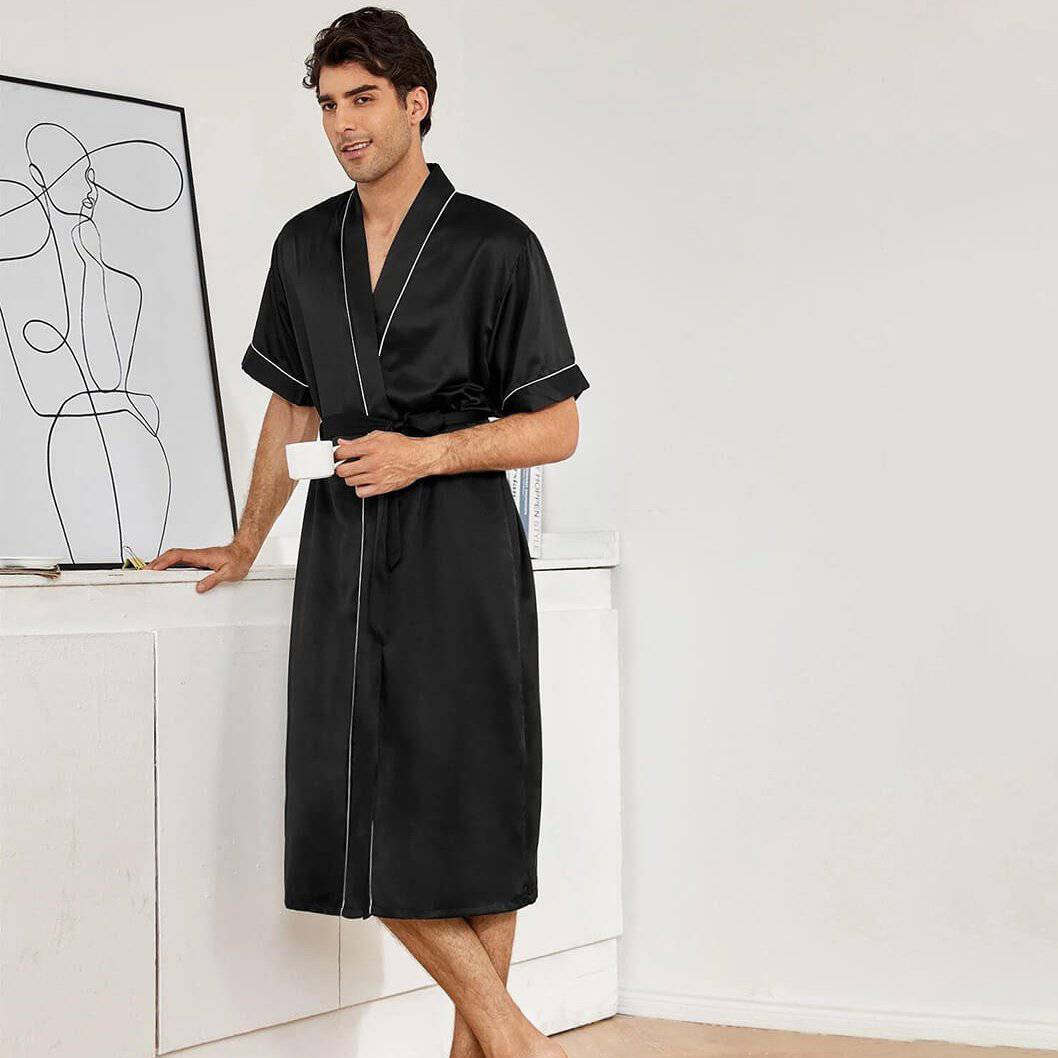 Men's Short Silk Robe Set Two Pieces Silk bathrobe Silk Kimono Robe Set with Shorts -  slipintosoft