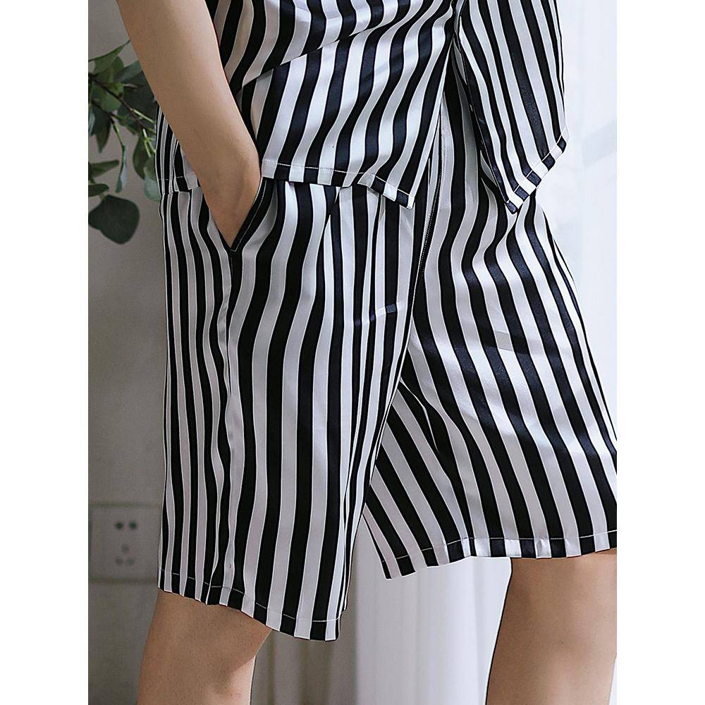 Mens Striped Short Silk Pajama Set Black And White Stripe Silk Pajamas -  slipintosoft