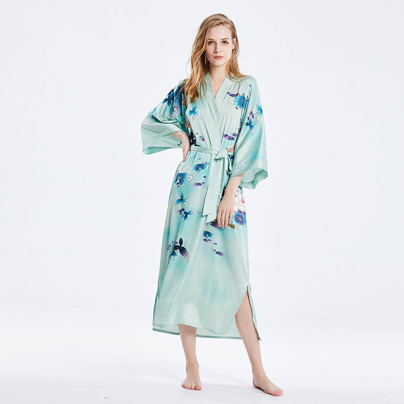 19 Momme Long 100% Silk Kimono Robes lotus silk clothes Women's Handpainted Lotus lower and Fishes -  slipintosoft