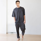 Men's Short Sleeve Silk Pajamas Simple  Crew Neck Short Silk Pajama Set -  slipintosoft