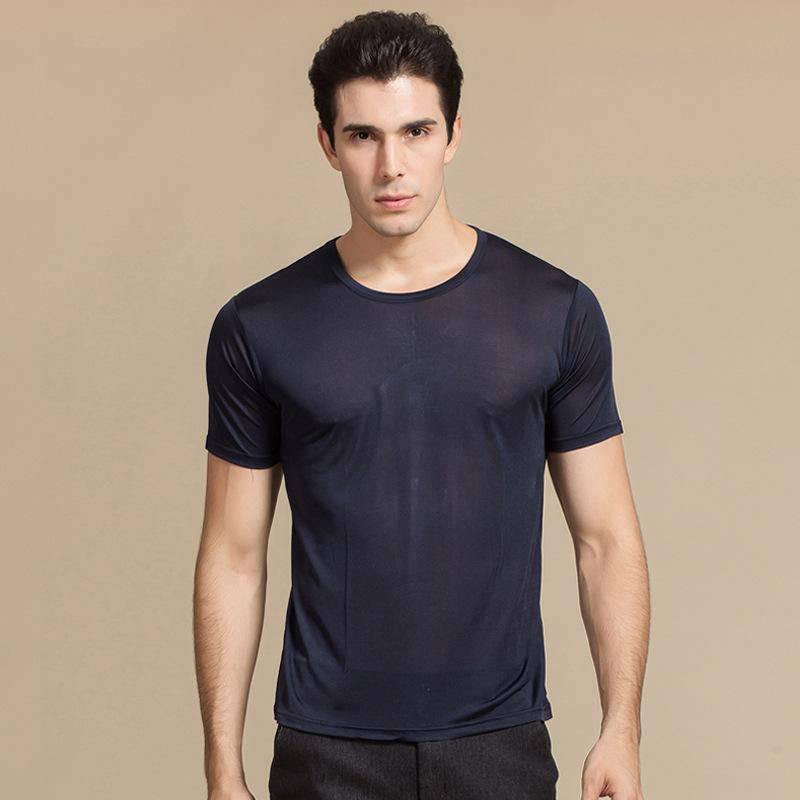 Camiseta clásica de seda con cuello redondo para hombre, camisetas interiores de manga corta, camisas de punto de seda para hombres