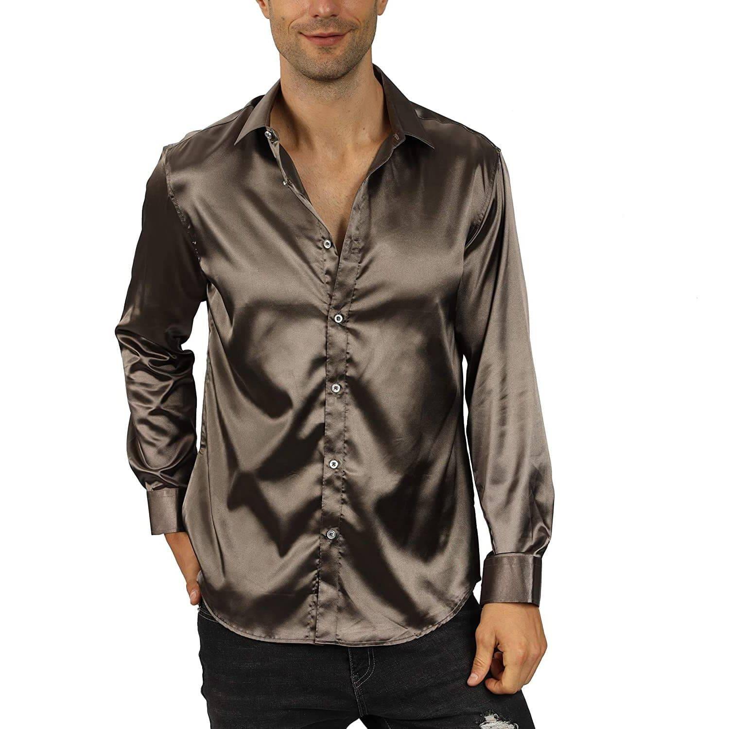 Camisa de vestir de seda de lujo para hombre, ajustada, de seda, informal, para fiesta de baile, manga larga, ajustada, sin arrugas, esmoquin