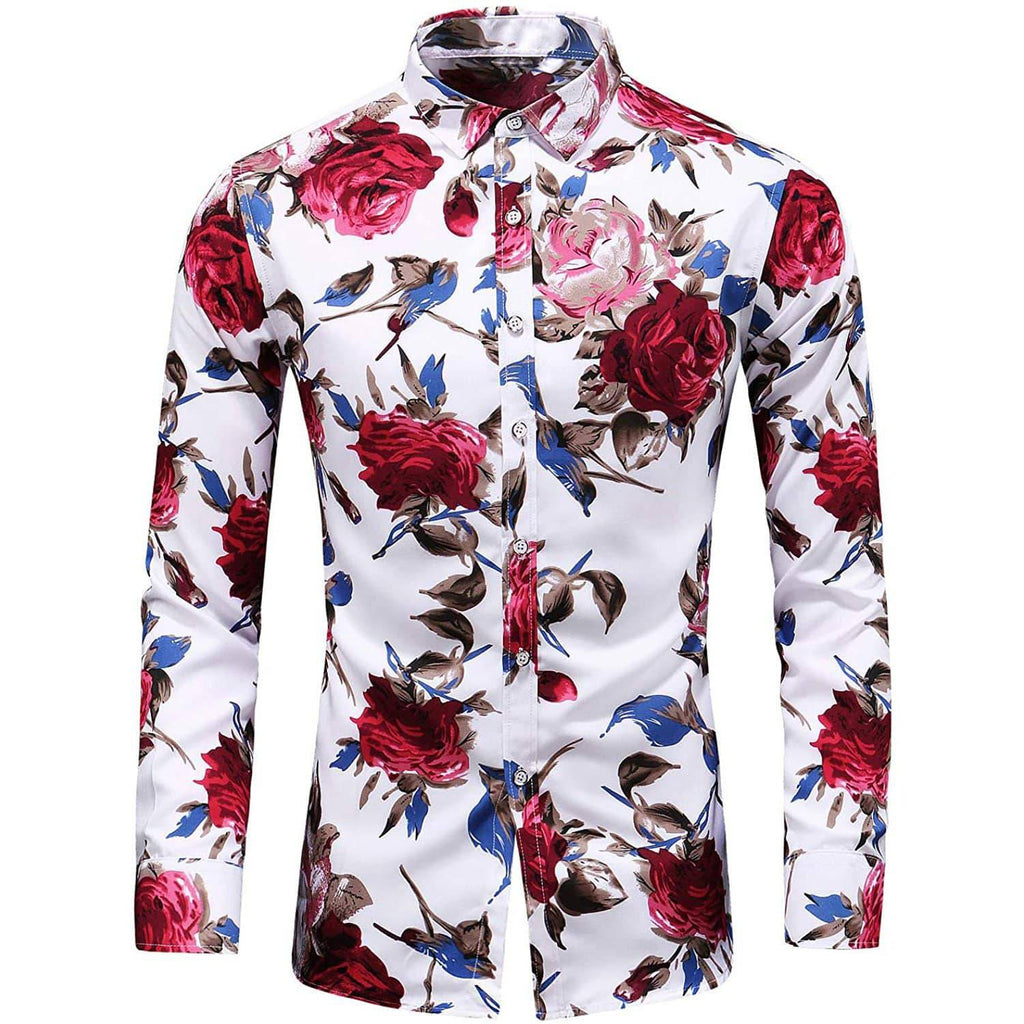 Camisas de seda con estampado flores de manga larga para hombre