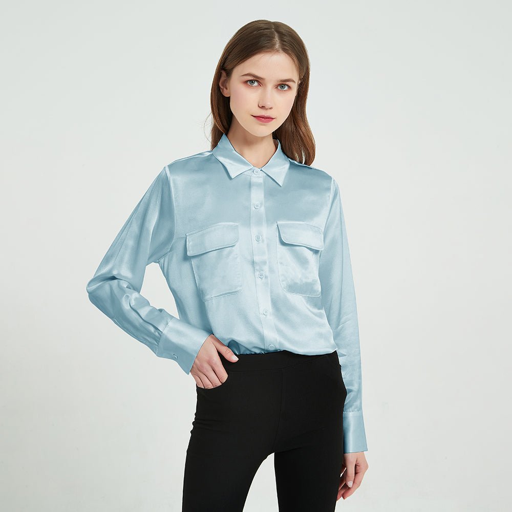 Turquoise Pure Satin Silk Shirt Style Collared Button Down Blouse