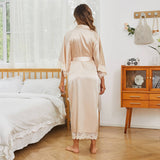 Women Silk Kimono Robe Long Bridesmaid Wedding Bath Robe with Lace Trim - slipintosoft