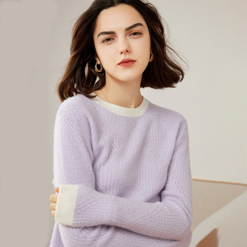 Women's 100% Cashmere Colorblock Knitted Jacquard Crewneck Sweater - slipintosoft