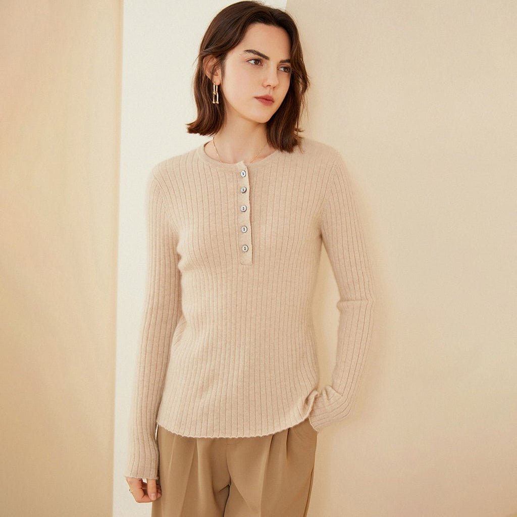 Women's 100% Ribbed Cashmere Crewneck & Button Sweater - slipintosoft