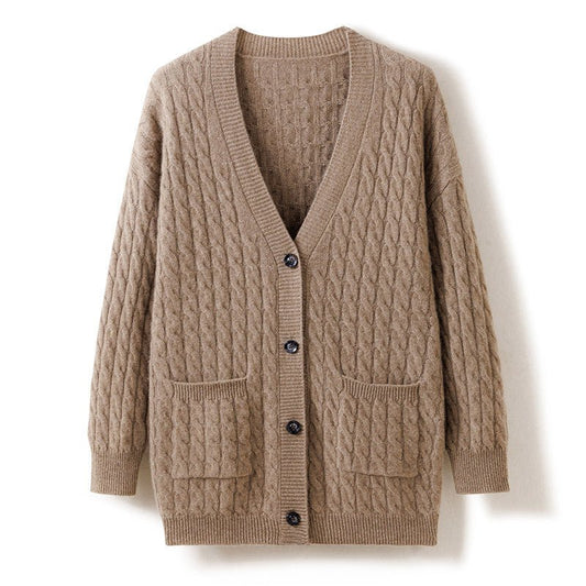 Women's Cashmere Cardigans with Pockets V Neck Cable-Knit Cashmere Outwear Coat - slipintosoft