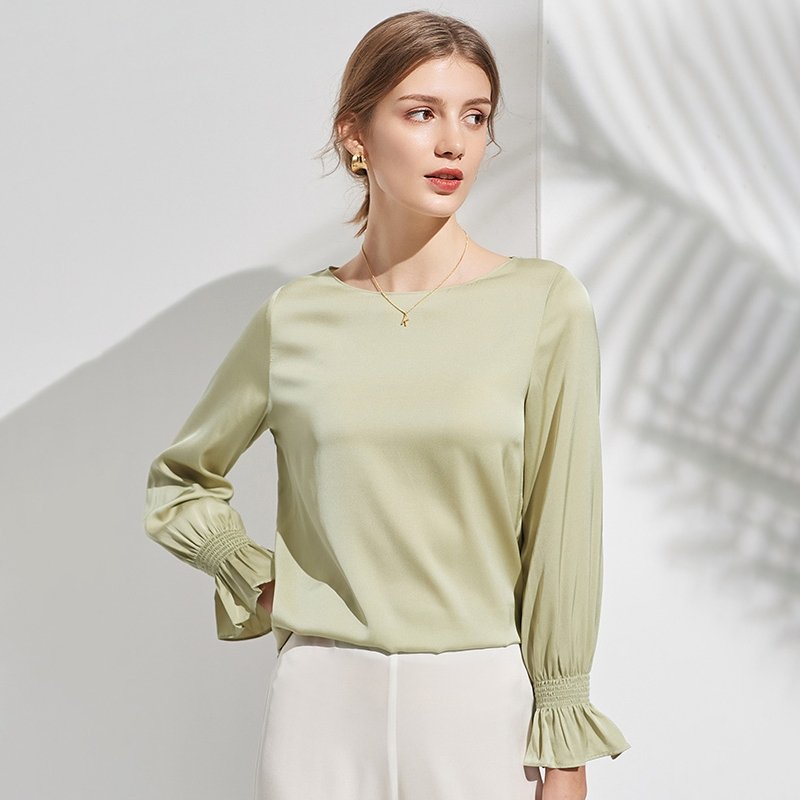 womens elegant silk blouse Silk Blouse With Boat Neckline Ruffled Cuffs Silk top - slipintosoft