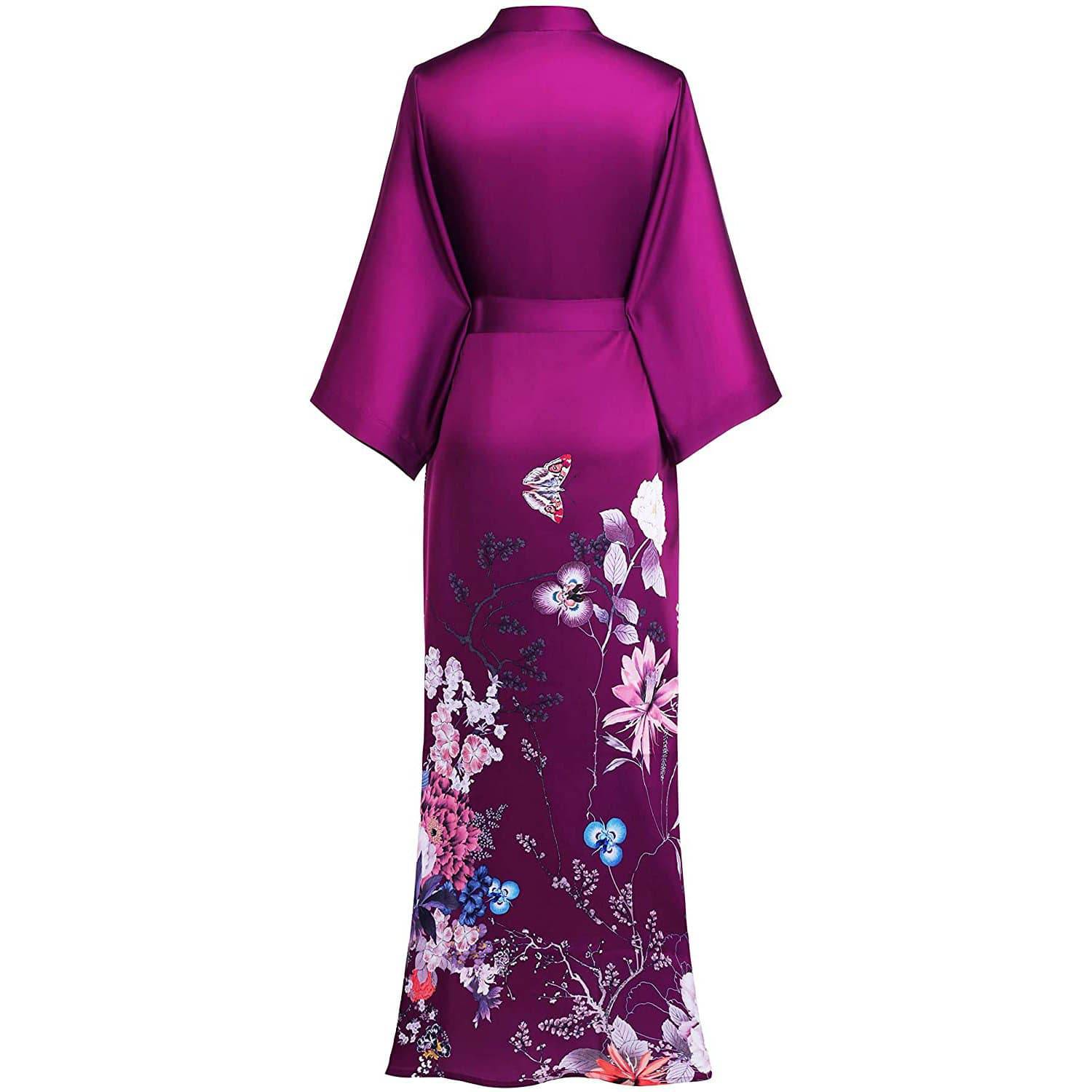 Women's Long Silk Kimono Robe Flower Print Pure Silk Robes - slipintosoft