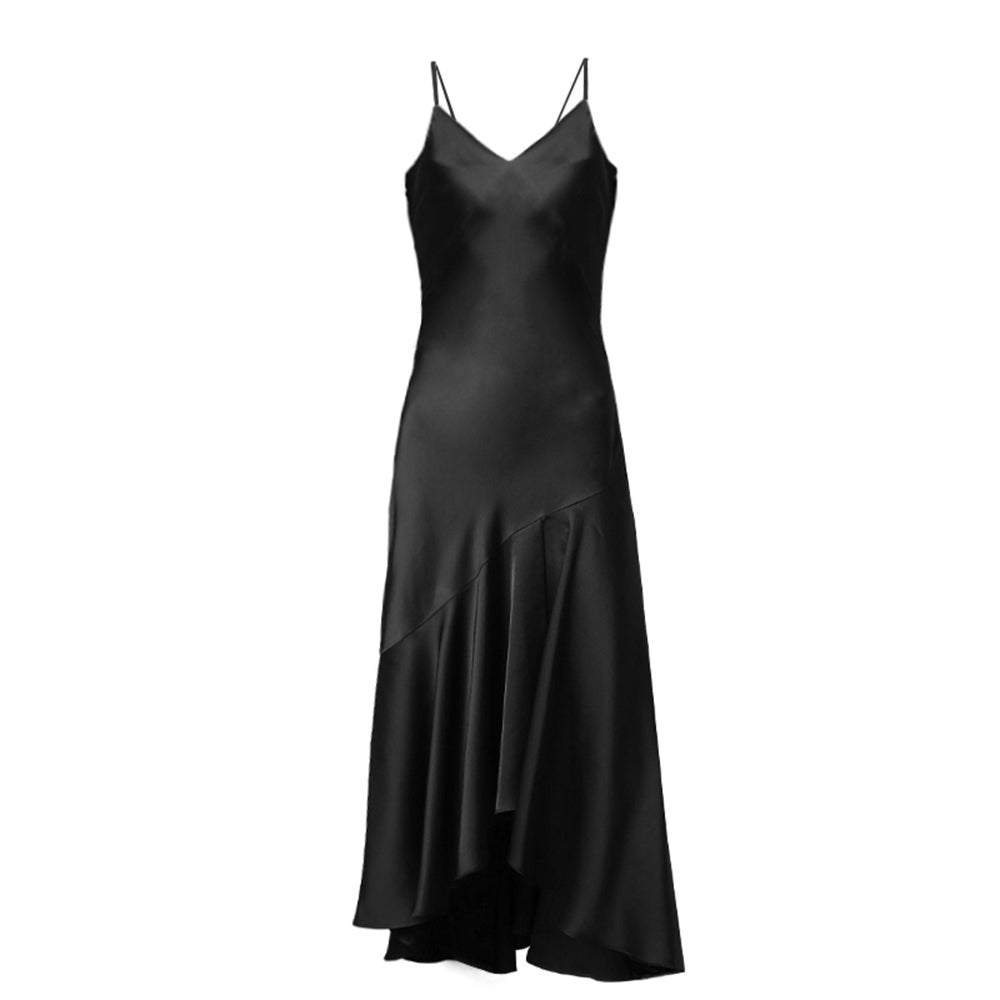 Womens Sexy Silk Dress Chic Ruffle Hem Split Dress 100% Mulberry Silk Sling Dress - slipintosoft
